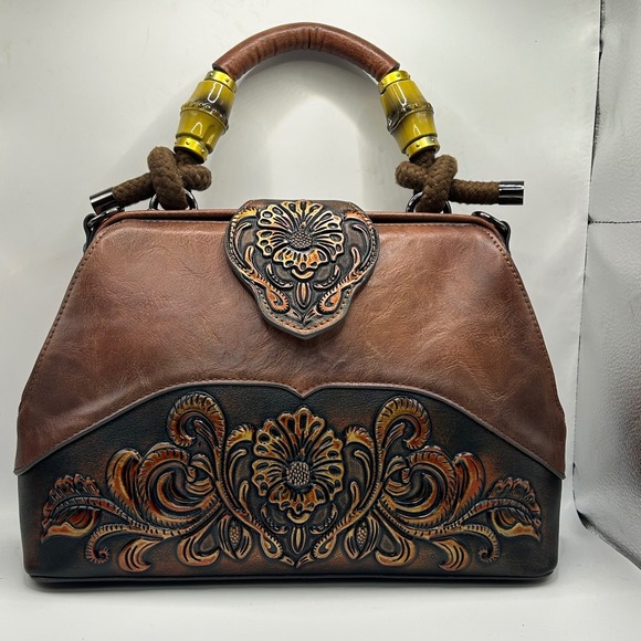 Handbags - Floral Embossed Brown Faux Leather Doctor Bag Satchel Bamboo Handle Western Boho